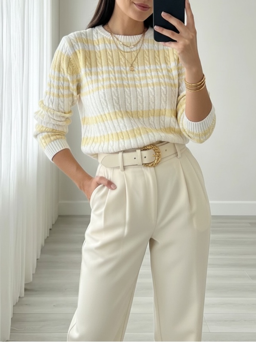 Vintage Northern Reflections Cream Yellow Striped Cable Knit Sweater Size M